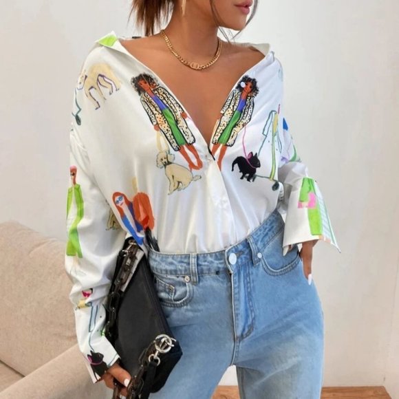 Firgure Print Contemporary Button down long sleeve blouse top - Picture 7 of 7